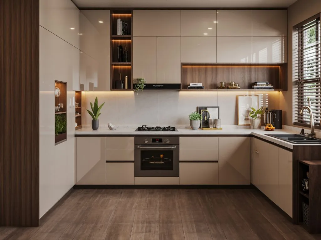 Modern kitchen with wood cabinetry and integrated storage